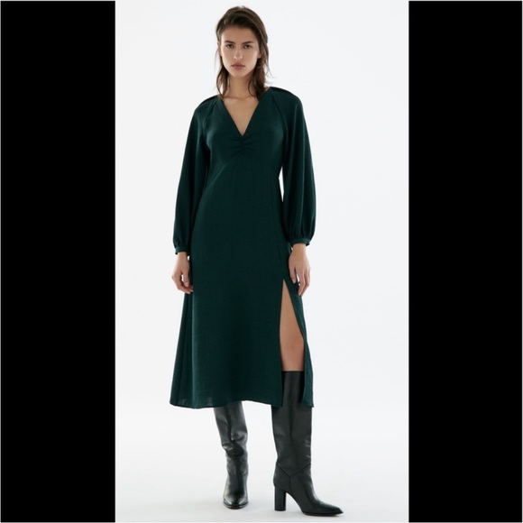 Zara Dresses Zara Puff Sleeve Emerald Midi Dress With Slit Poshmark